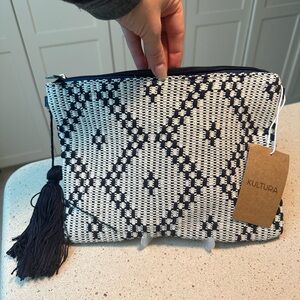 NEW Kultura Navy and White Woven Clutch with Tassel